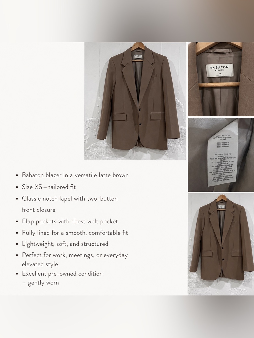 Babaton Atelier XS Latte Brown Tailored Blazer Stretch Work Office Jacket
